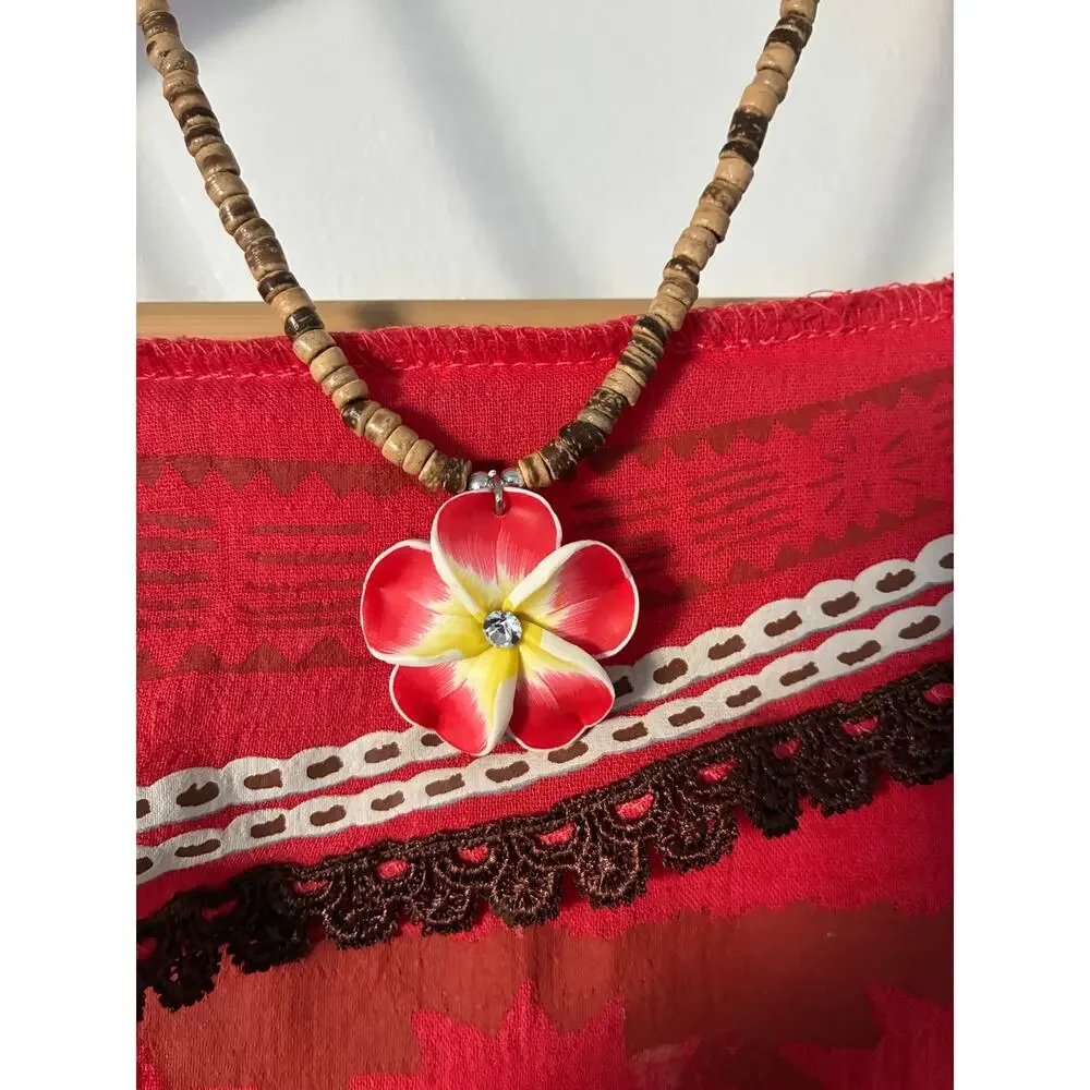 Disney Moana Halloween Costume Dress w/Hibiscus Flower Puka Necklace Size 5